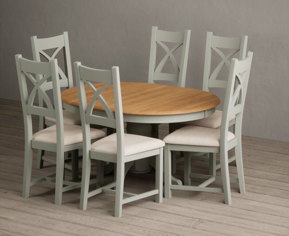 Photo of Extending hertford 100cm - 130cm oak and soft green painted pedestal dining table with 4 oak painted chairs Photo of Extending hertford 100cm - 130cm oak and soft green painted pedestal dining table with 4 oak painted chairs