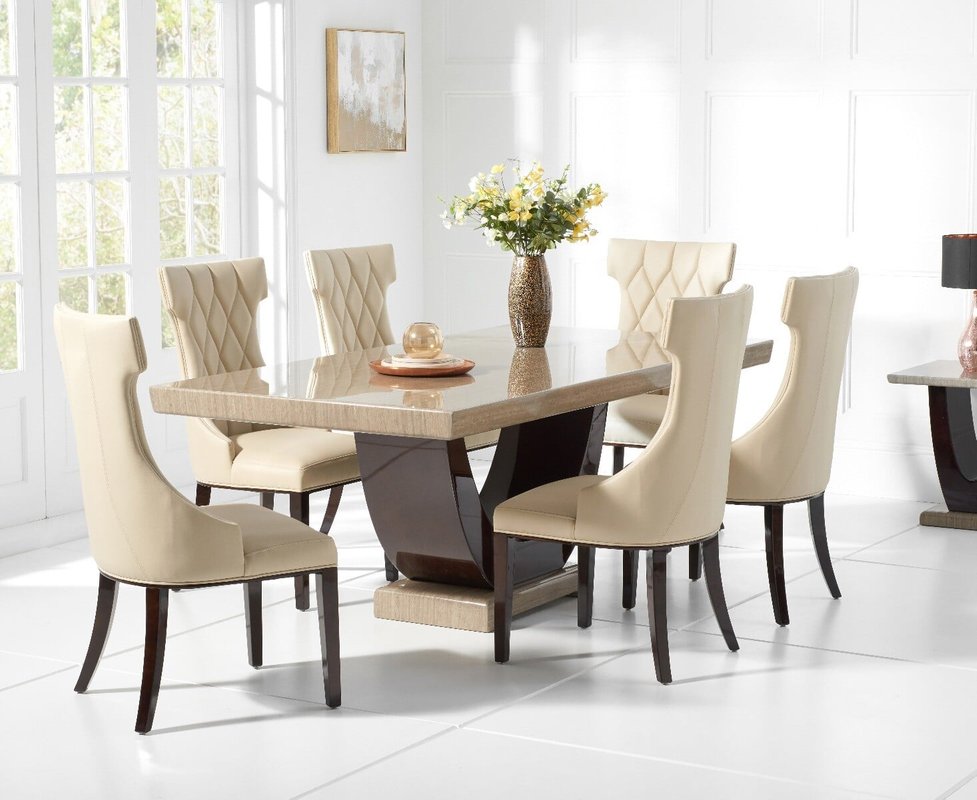 Photo of Novara 200cm brown pedestal marble dining table with 12 cream sophia chairs Photo of Novara 200cm brown pedestal marble dining table with 12 cream sophia chairs