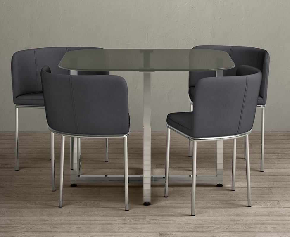 Photo of Rhodes grey glass dining table with 4 grey rhodes chairs Photo of Rhodes grey glass dining table with 4 grey rhodes chairs