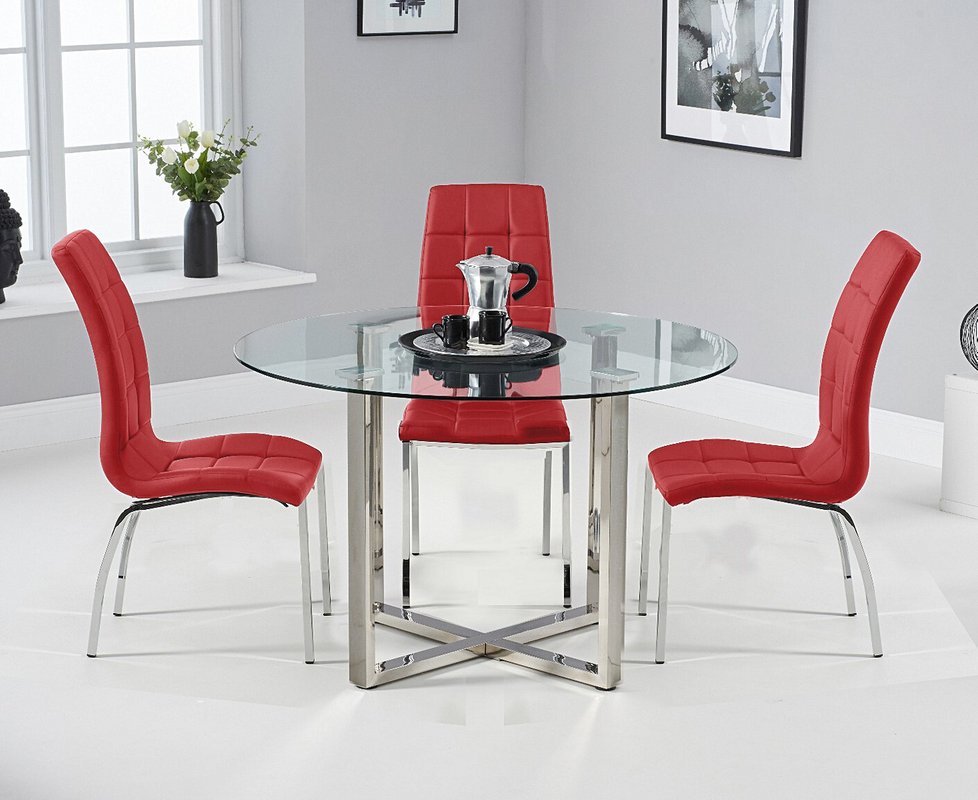 Photo of Vaso 120cm round glass dining table with 4 grey enzo chairs Photo of Vaso 120cm round glass dining table with 4 grey enzo chairs