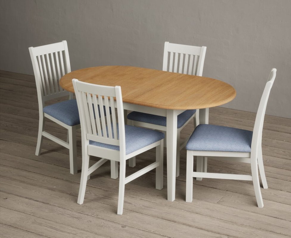 Photo of Extending warwick oak and signal white painted dining table with 4 light grey warwick chairs Photo of Extending warwick oak and signal white painted dining table with 4 light grey warwick chairs