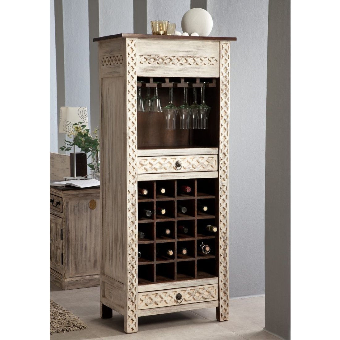 Weinregal Mango / Akazie 60x36x140 weiß gewachst CASTLE-ANTIK #219 Massivmöbel24 Weinregal Mango / Akazie weiß gewachst CASTLE-ANTIK
