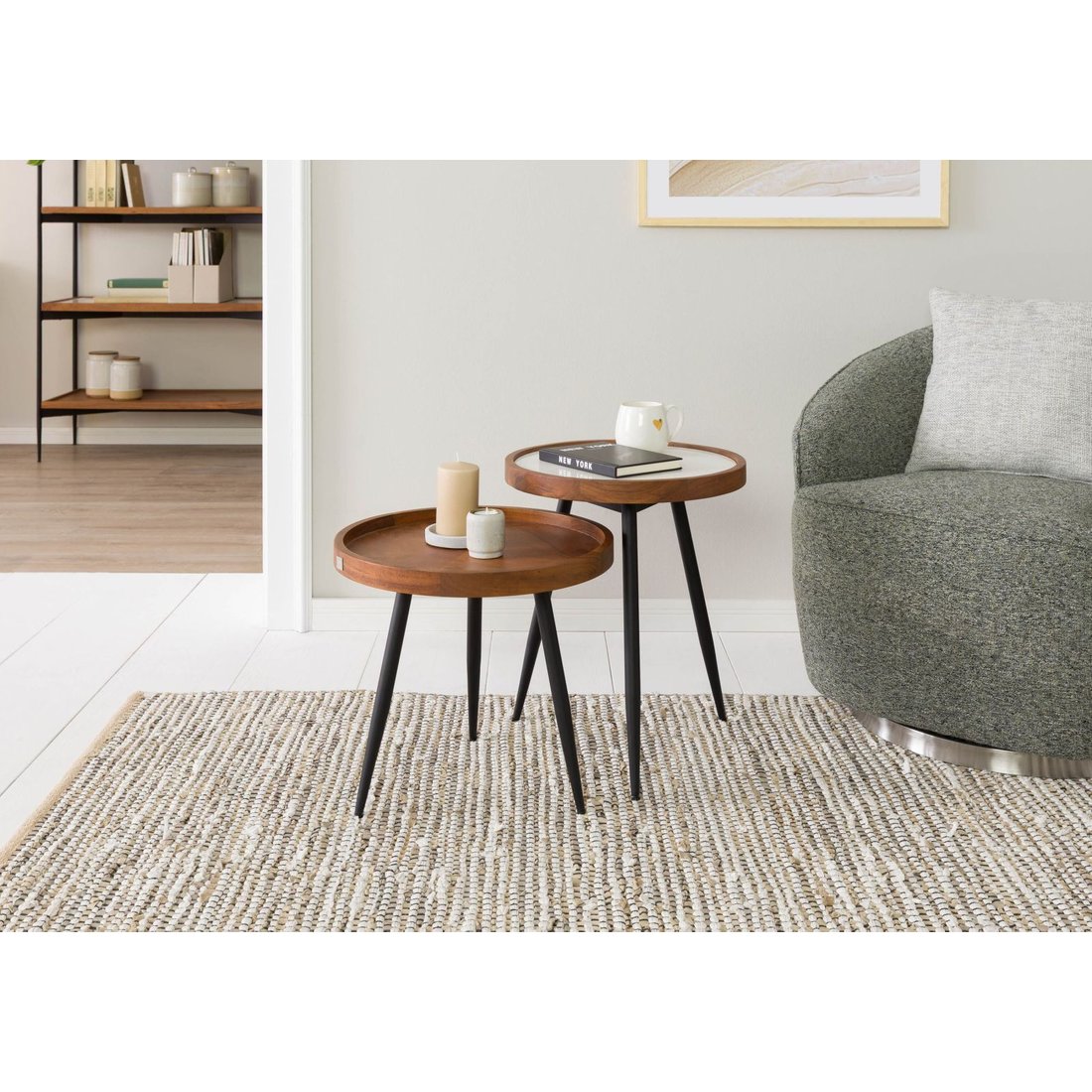 Beistelltisch-Set Akazie 42x42x50 natur lackiert / Marmor weiß KARLSTAD #12 Massivmöbel24 Beistelltisch-Set Akazie natur lackiert / Marmor weiß KARLSTAD