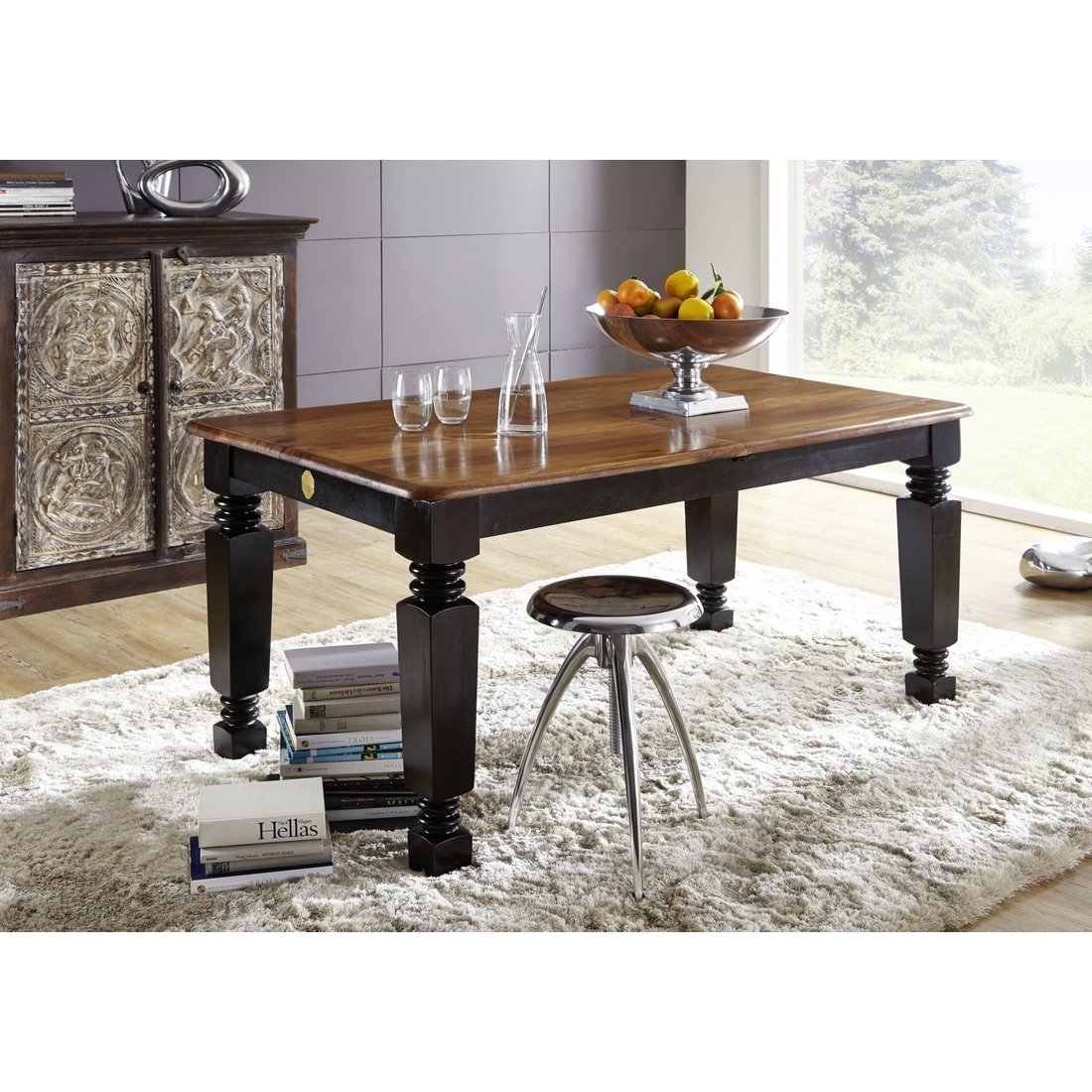 Esstisch mit Auszug Sheesham 140-180x90x76 schwarz/braun lackiert NEW BOSTON #151 Massivmöbel24 Esstisch mit Auszug Sheesham schwarz/braun lackiert NEW BOSTON