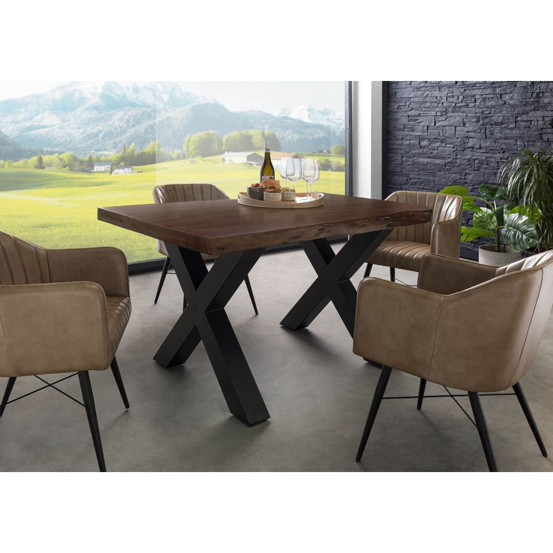 Baumtisch Akazie 140x90x77 braun lackiert / X-Beine anthrazit matt FREEFORM 5 Massivmöbel24 Baumtisch Akazie braun lackiert / X-Beine anthrazit matt FREEFORM 5