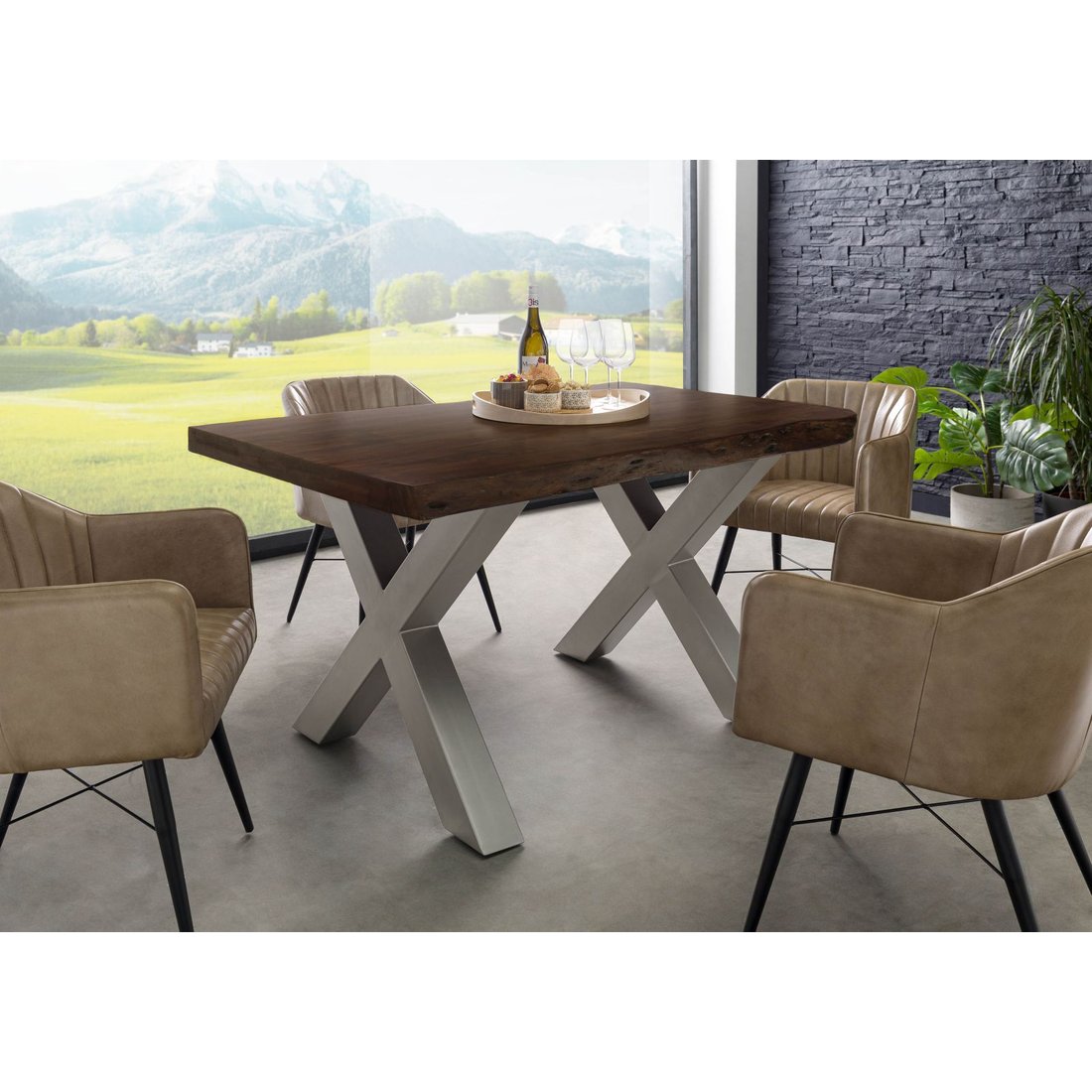 Baumtisch Akazie 140x90x77 braun lackiert / X-Beine silber matt FREEFORM 5 Massivmöbel24 Baumtisch Akazie braun lackiert / X-Beine silber matt FREEFORM 5