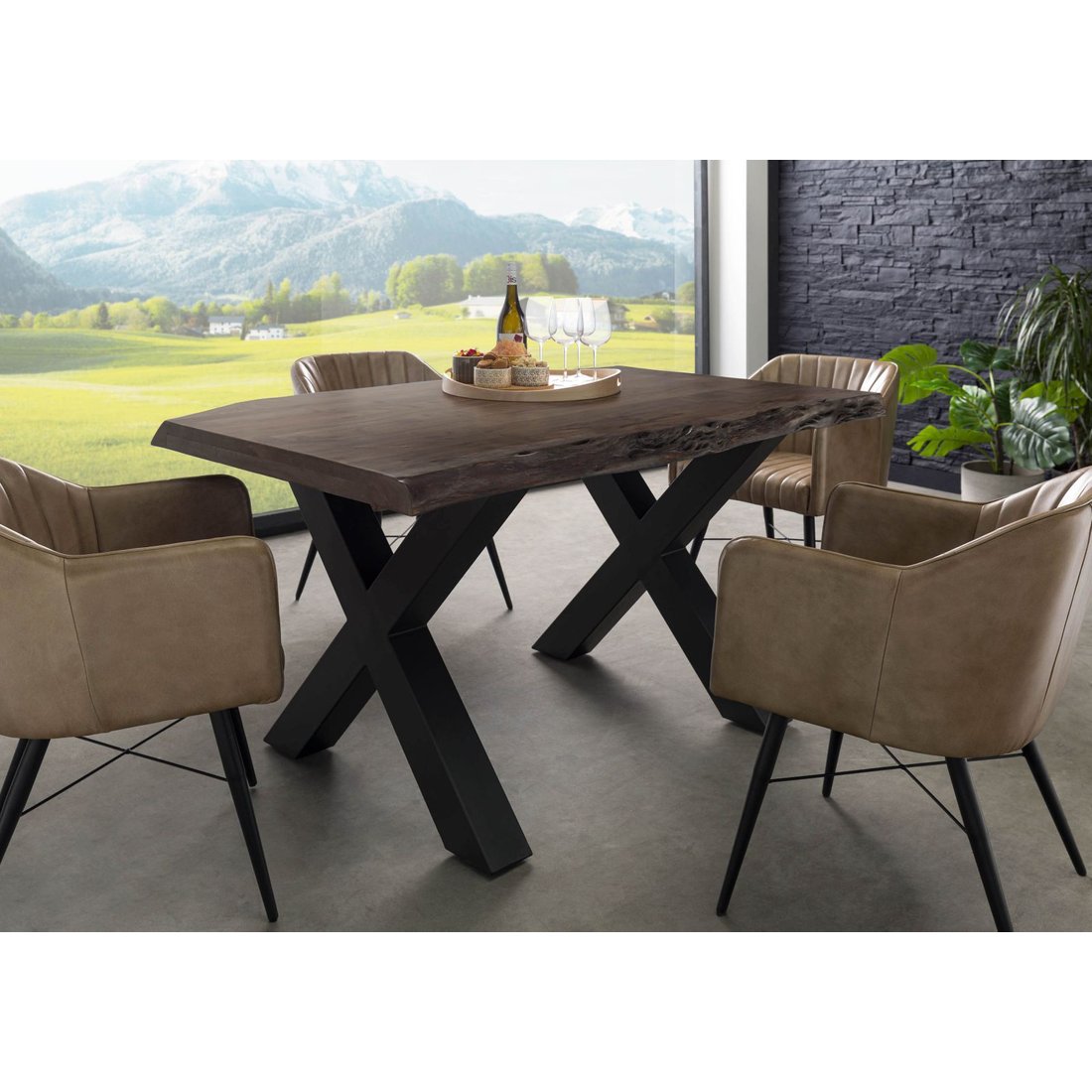 Baumtisch Akazie 140x90x77 grau lackiert / X-Beine anthrazit matt FREEFORM 5 Massivmöbel24 Baumtisch Akazie grau lackiert / X-Beine anthrazit matt FREEFORM 5