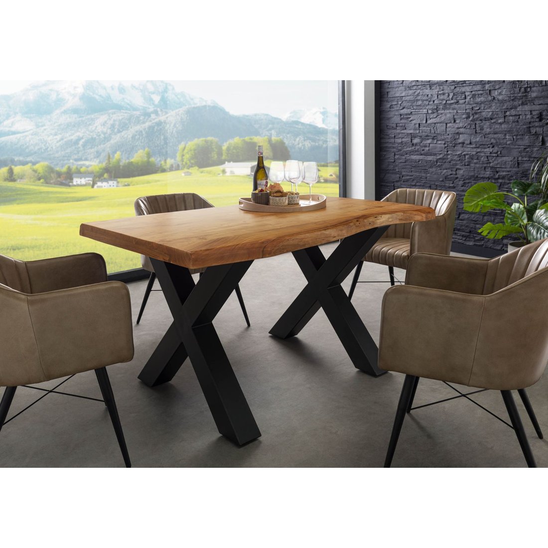 Baumtisch Akazie 140x90x77 Akazie natur lackiert / X-Beine anthrazit matt FREEFORM 5 Massivmöbel24 Baumtisch Akazie Akazie natur lackiert / X-Beine anthrazit matt FREEFORM 5