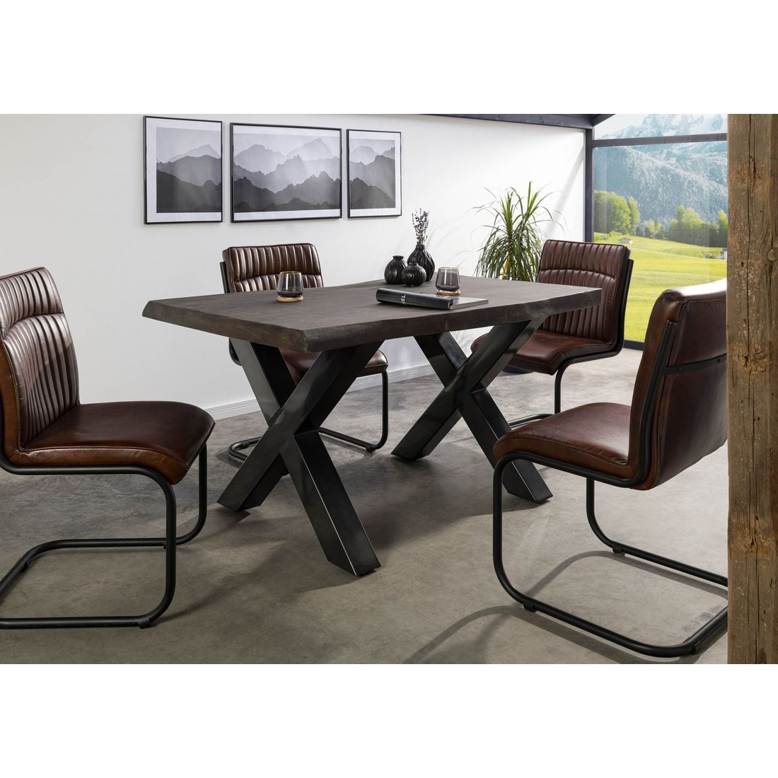 Baumtisch Mango 140x90x77 grau lackiert / X-Beine anthrazit glänzend FREEFORM 5 Massivmöbel24 Baumtisch Mango grau lackiert / X-Beine anthrazit glänzend FREEFORM 5