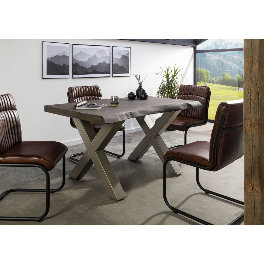 Baumtisch Mango 140x90x77 grau lackiert / X-Beine silber matt FREEFORM 5 Massivmöbel24 Baumtisch Mango grau lackiert / X-Beine silber matt FREEFORM 5