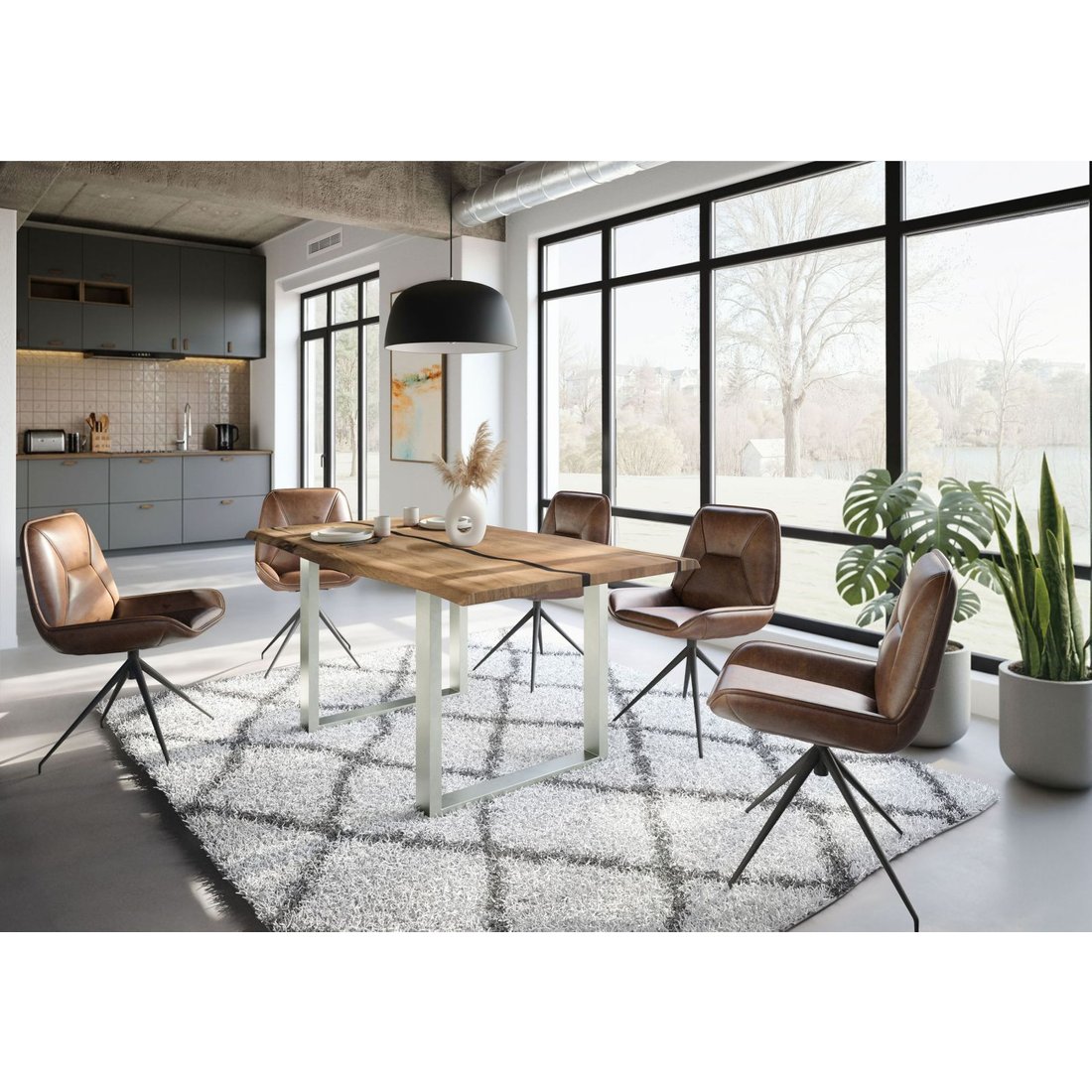 Massivmöbel24 Baumtisch Mango natur lackiert / Epoxid schwarz, U-Beine silber matt EPOXY