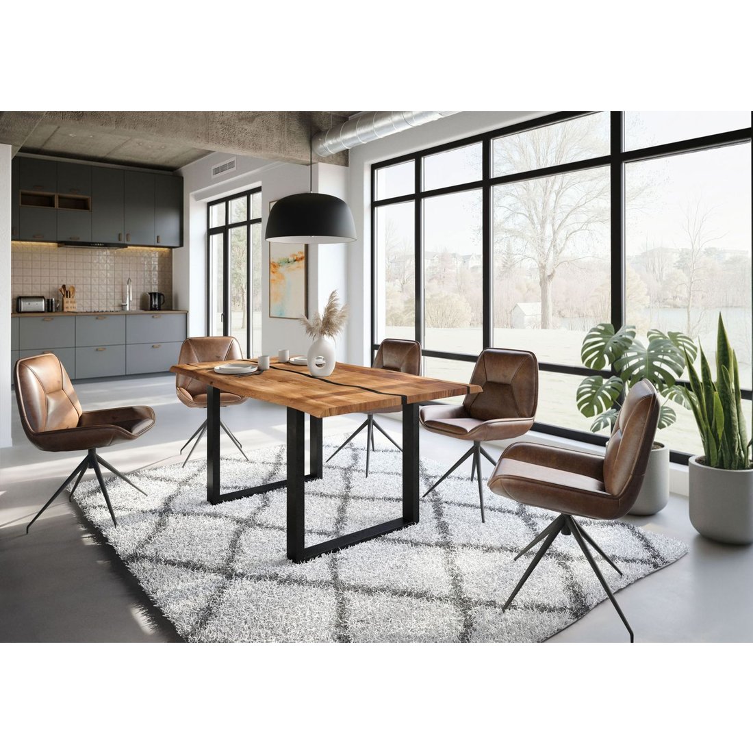 Baumtisch Akazie 160x90x76 natur lackiert / Epoxid schwarz, U-Beine anthrazit matt EPOXY Massivmöbel24 Baumtisch Akazie natur lackiert / Epoxid schwarz, U-Beine anthrazit matt EPOXY