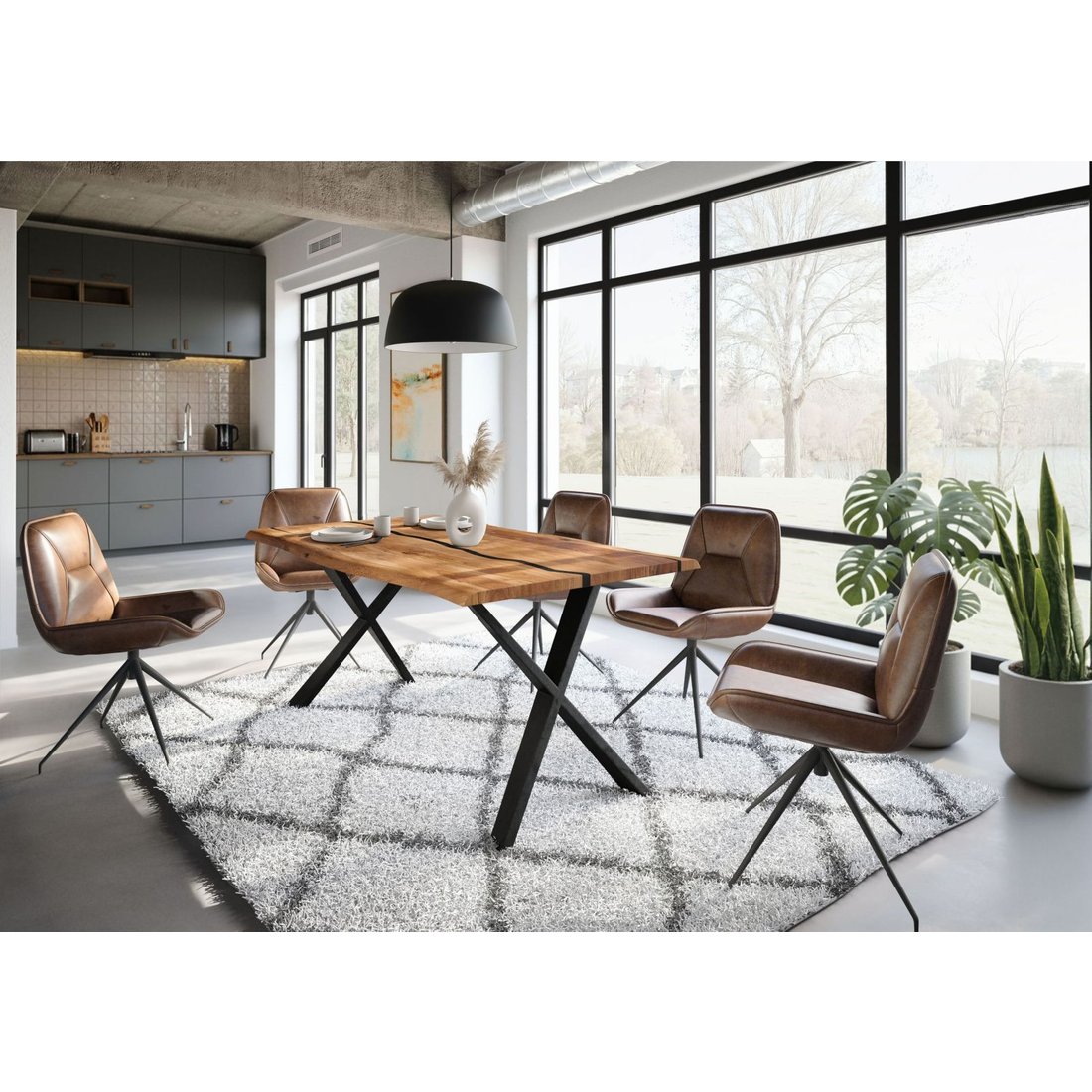 Baumtisch Akazie 160x90x76 natur lackiert / Epoxid schwarz, ausgestellte X-Beine anthrazit matt EPOXY Massivmöbel24 Baumtisch Akazie natur lackiert / Epoxid schwarz, ausgestellte X-Beine anthrazit matt EPOXY