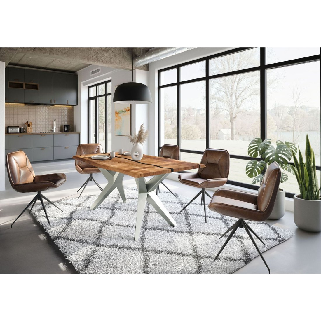 Baumtisch Akazie 160x90x76 natur lackiert / Epoxid schwarz, Sterngestell silber matt EPOXY Massivmöbel24 Baumtisch Akazie natur lackiert / Epoxid schwarz, Sterngestell silber matt EPOXY