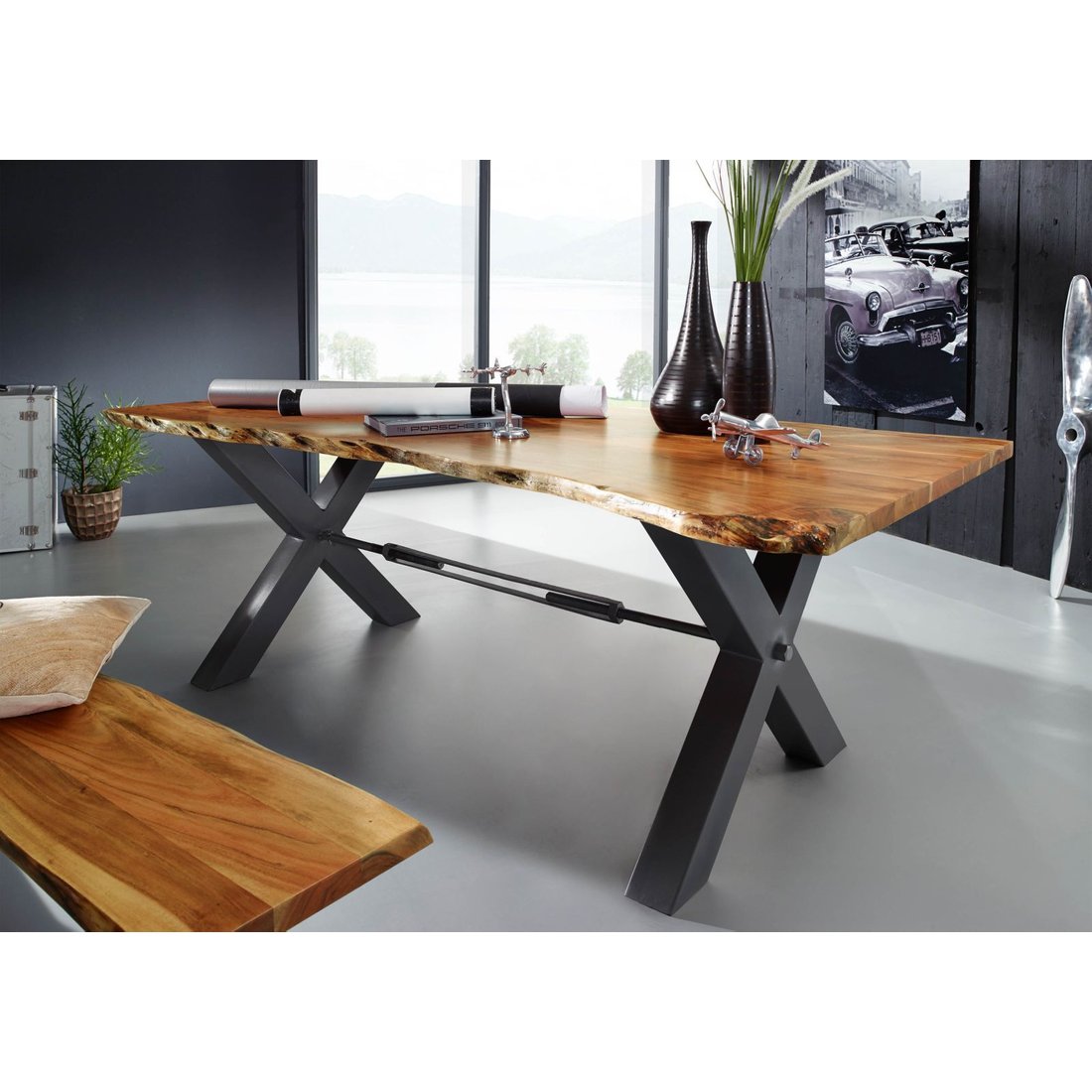 Esstisch Akazie 180x100x76 natur lackiert IRON LABEL #125 Massivmöbel24 Esstisch Akazie natur lackiert IRON LABEL