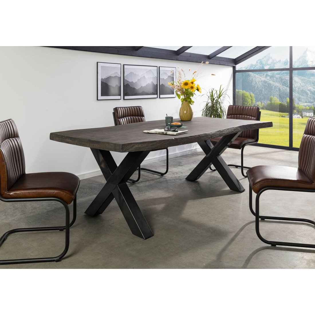 Baumtisch Mango 200x100x77 grau lackiert / X-Beine anthrazit glänzend FREEFORM 5 Massivmöbel24 Baumtisch Mango grau lackiert / X-Beine anthrazit glänzend FREEFORM 5