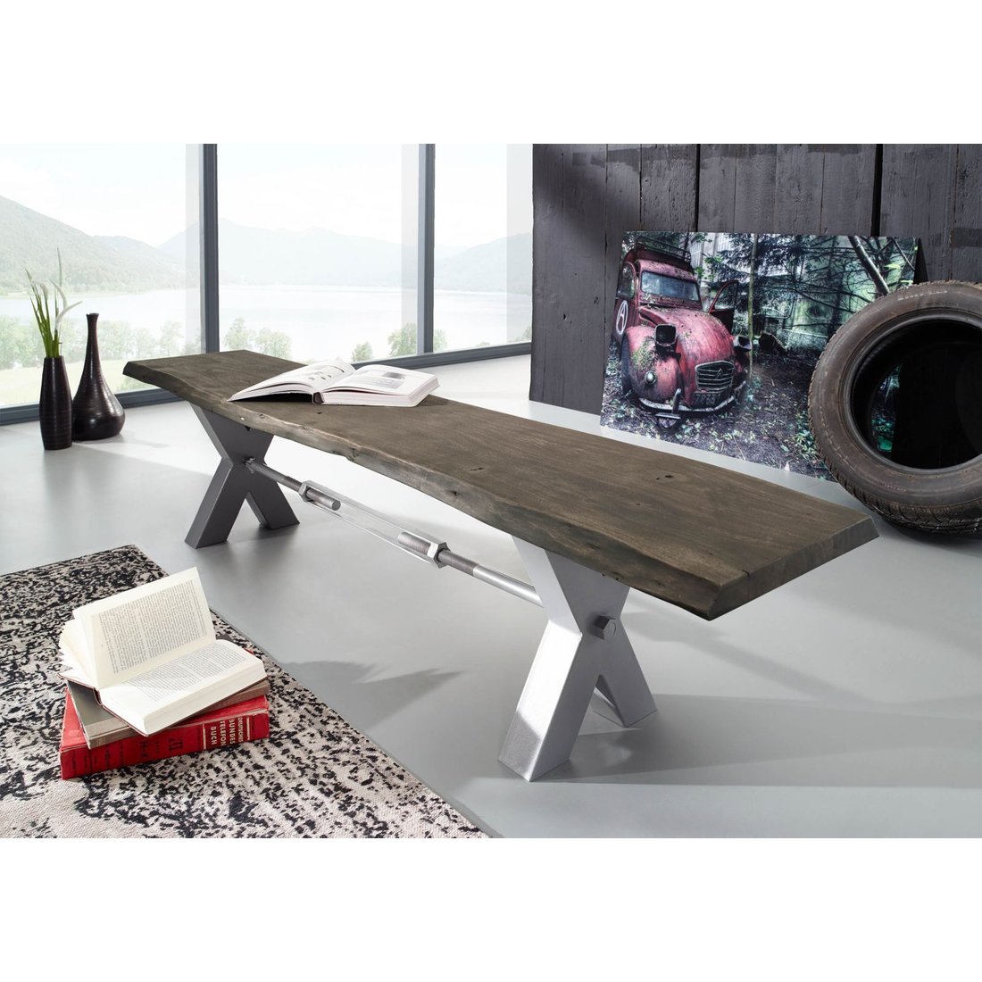 Bank Akazie 180x38x46 grau lackiert IRON LABEL #141 Massivmöbel24 Bank Akazie grau lackiert IRON LABEL