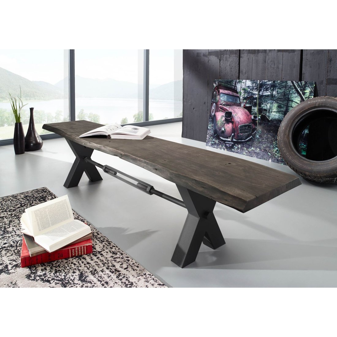Bank Akazie 180x38x46 grau lackiert IRON LABEL #146 Massivmöbel24 Bank Akazie grau lackiert IRON LABEL