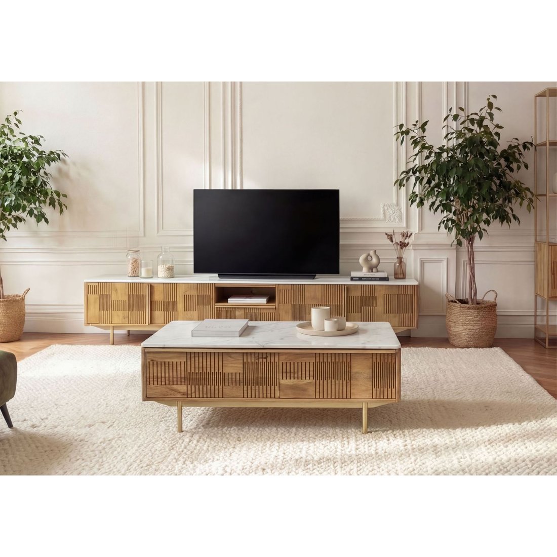 Couchtisch Mango 120x60x45 hellbraun geölt / Marmor weiß MIAMI #110 Massivmöbel24 Couchtisch Mango hellbraun geölt / Marmor weiß MIAMI
