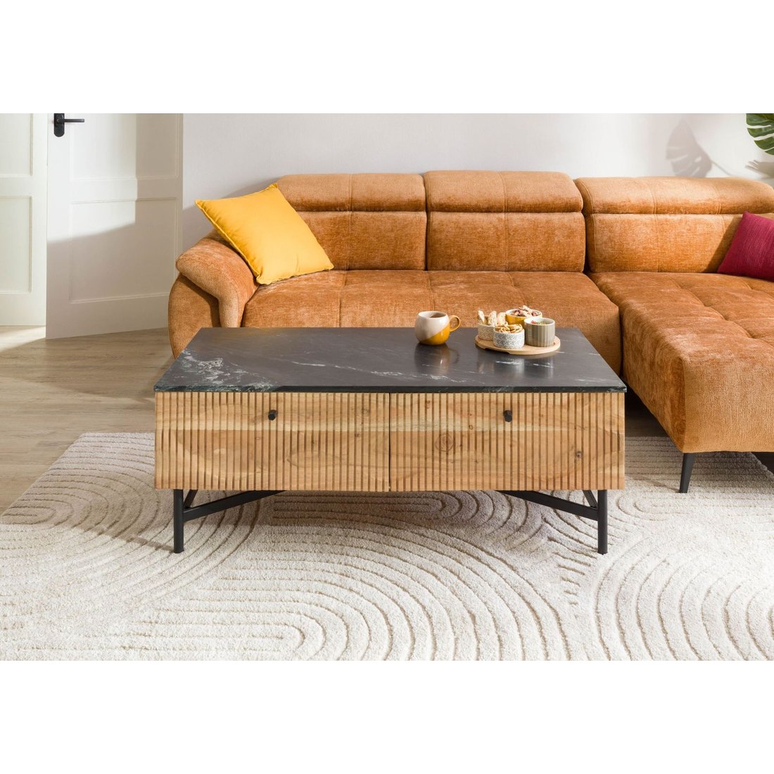 Massivmöbel24 Couchtisch Akazie natur lackiert / Marmor schwarz LONDON