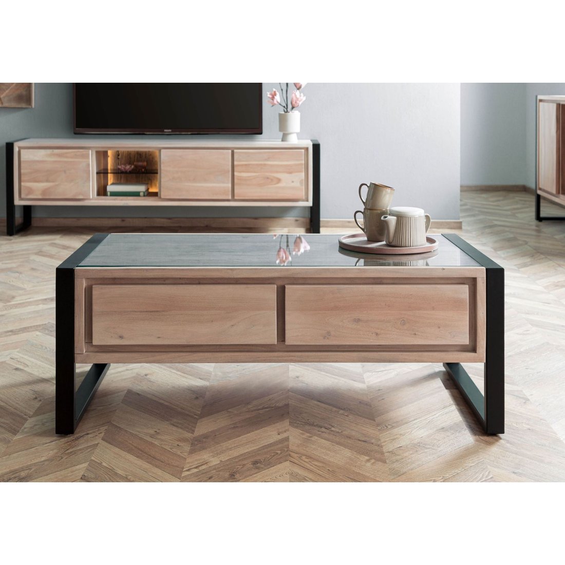 Massivmöbel24 Couchtisch Akazie / Altholz natur lackiert DENVER