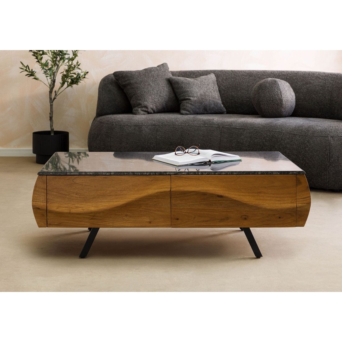 Couchtisch Akazie 124x60x40 natur lackiert / Marmor schwarz MONTREAL #129 Massivmöbel24 Couchtisch Akazie natur lackiert / Marmor schwarz MONTREAL