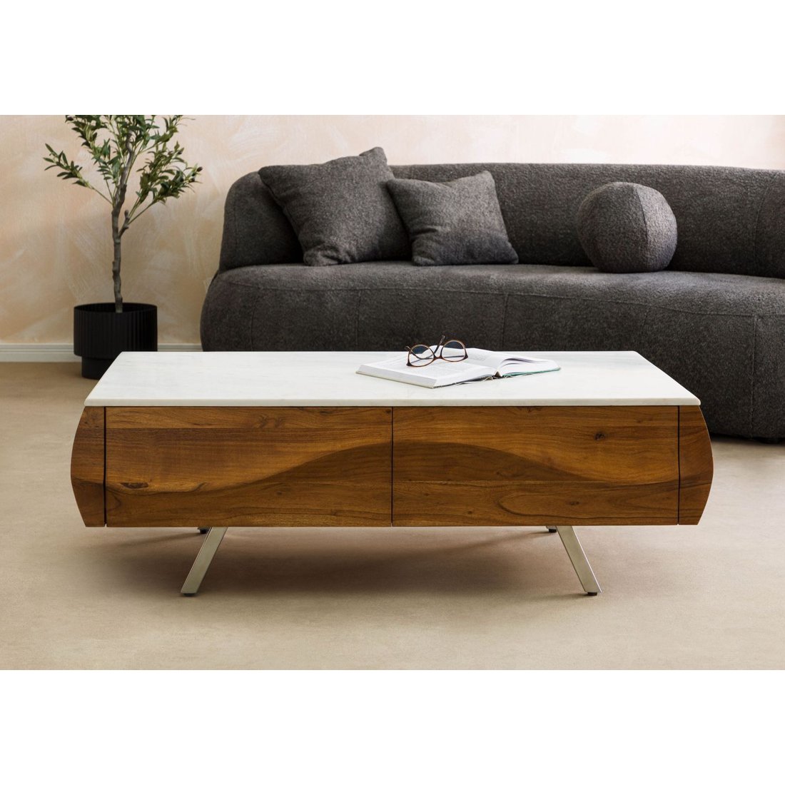 Couchtisch Akazie 124x60x40 natur lackiert / Marmor weiß MONTREAL #130 Massivmöbel24 Couchtisch Akazie natur lackiert / Marmor weiß MONTREAL