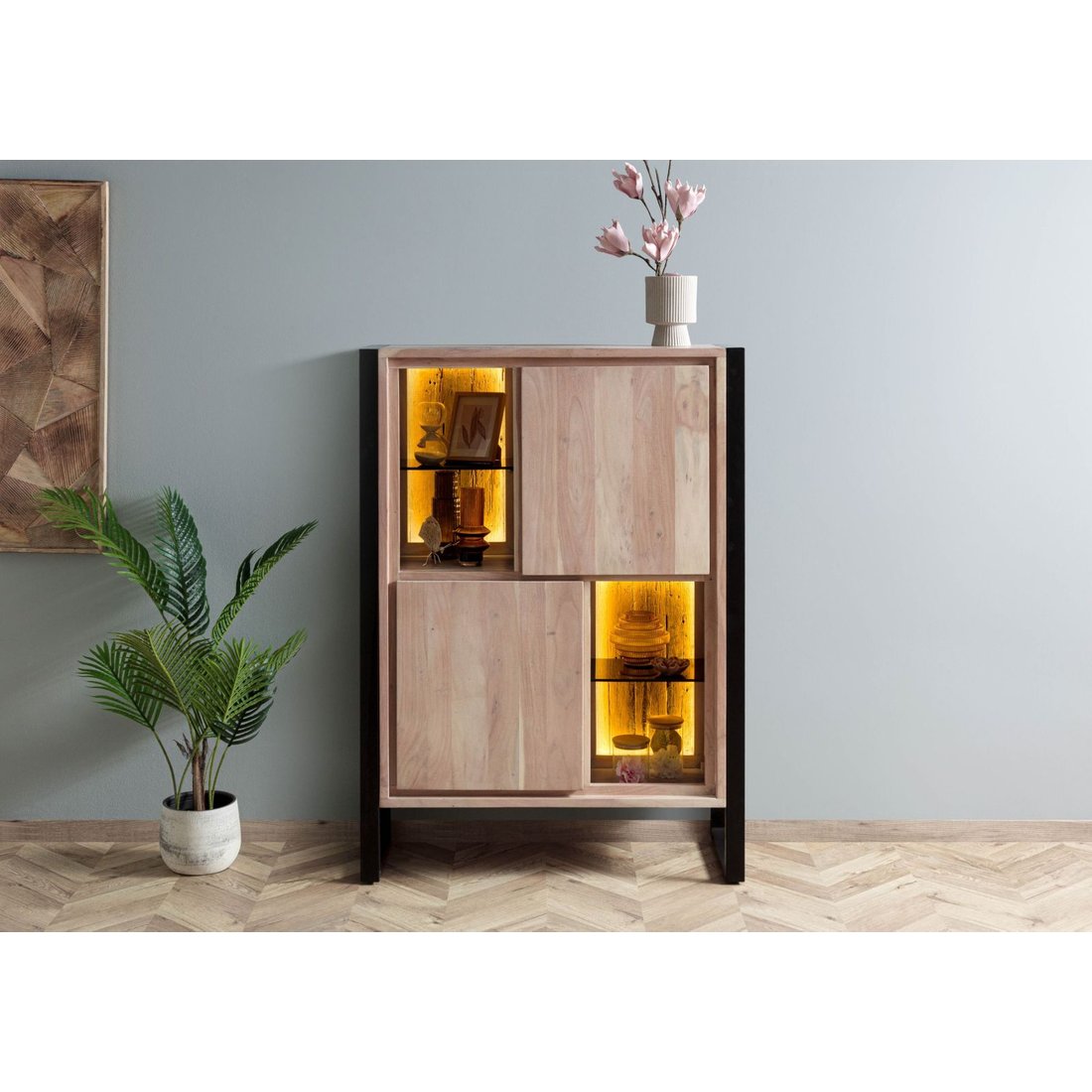Massivmöbel24 Highboard Akazie / Altholz natur lackiert DENVER