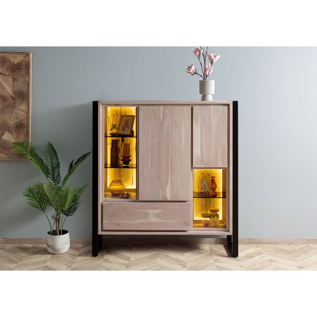 Massivmöbel24 Highboard Akazie / Altholz natur lackiert DENVER