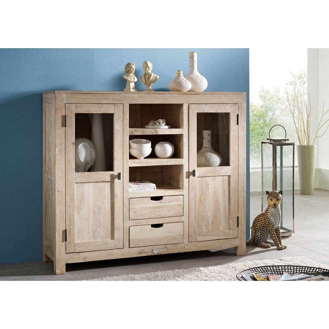 Highboard Akazie 140x40x120 white stone getüncht NATURE WHITE #63 Massivmöbel24 Highboard Akazie white stone getüncht NATURE WHITE