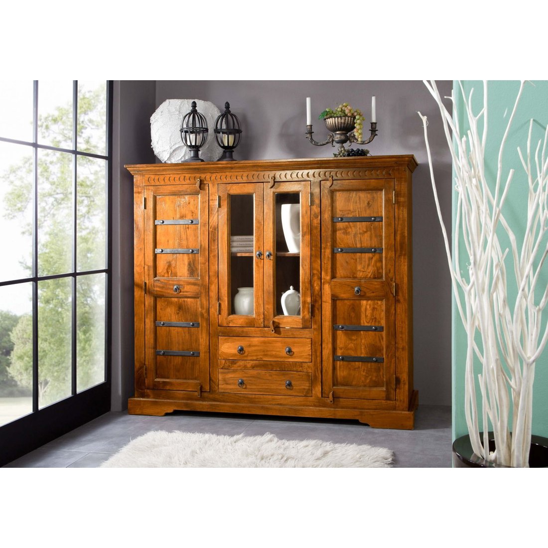 Highboard Akazie 160x50x142 honig lackiert OXFORD #0418 Massivmöbel24 Highboard Akazie honig lackiert OXFORD