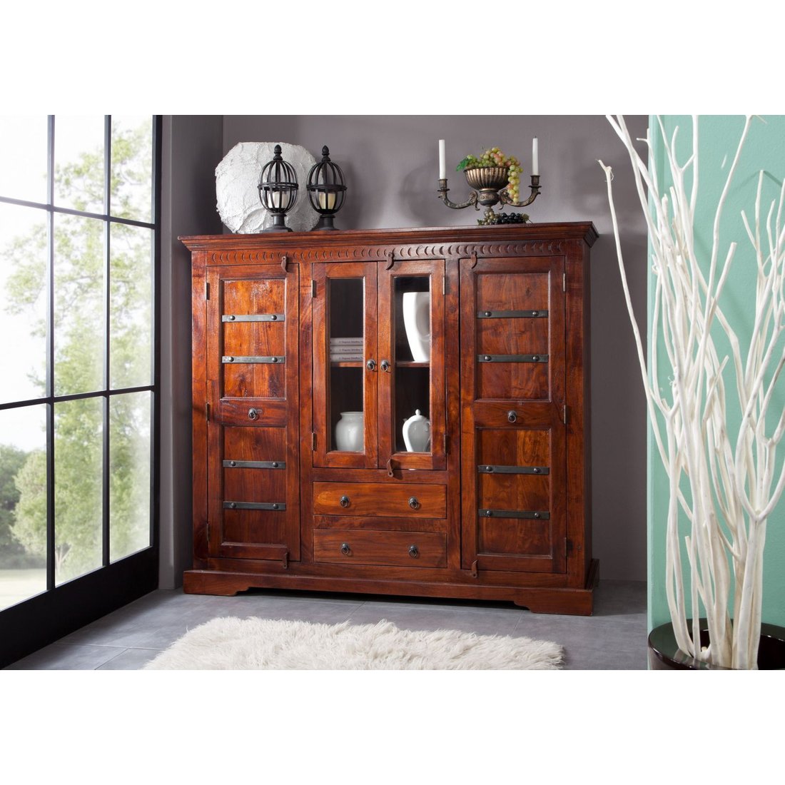 Highboard Akazie 160x50x142 nougat lackiert OXFORD #418 Massivmöbel24 Highboard Akazie nougat lackiert OXFORD