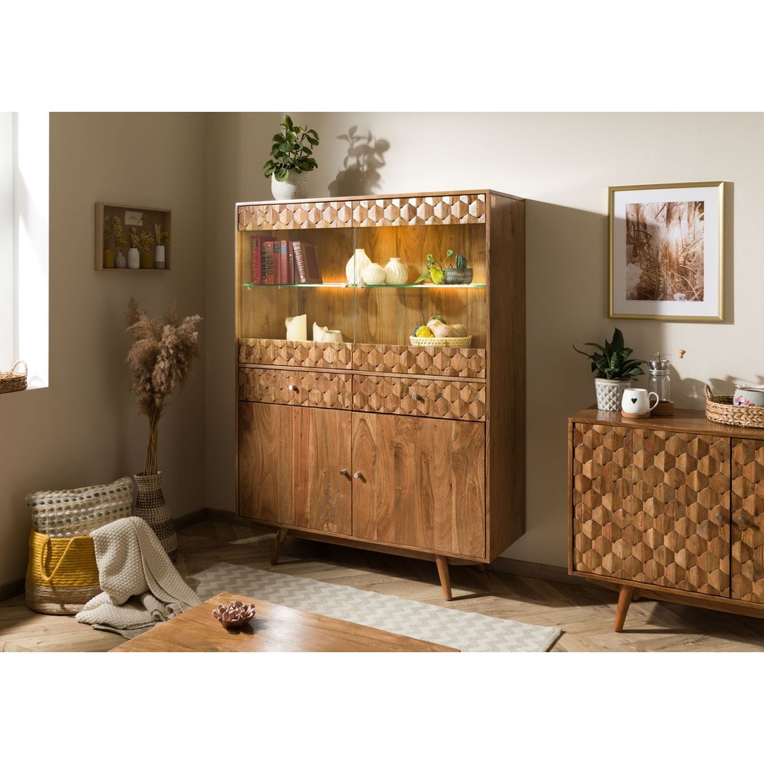 Massivmöbel24 Highboard Akazie Akazie natur lackiert MOSAYK