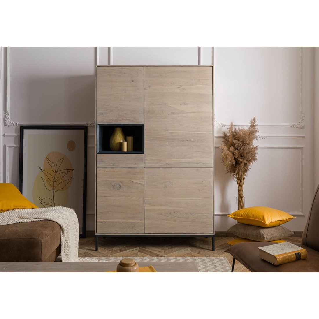 Massivmöbel24 Highboard Akazie grau-weiß geölt CHICAGO
