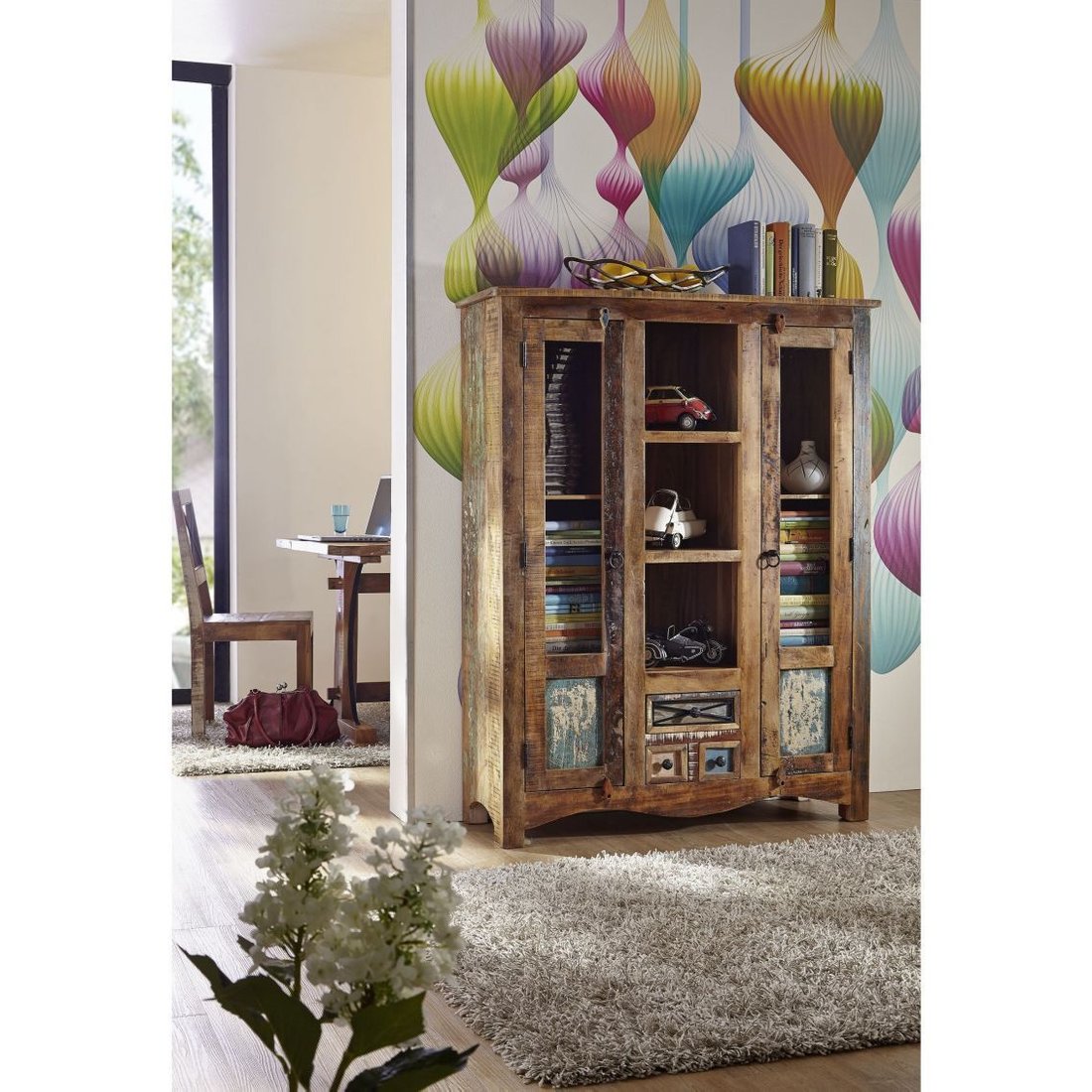 Massivmöbel24 Highboard Altholz mehrfarbig lackiert NATURE OF SPIRIT