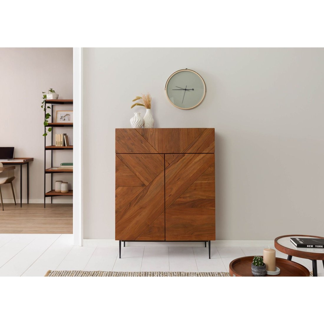 Highboard Akazie 95x42x125 natur lackiert KARLSTAD #20 Massivmöbel24 Highboard Akazie natur lackiert KARLSTAD