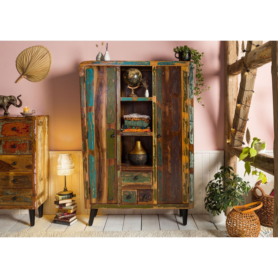 Massivmöbel24 Highboard Altholz mehrfarbig lackiert SIXTIES