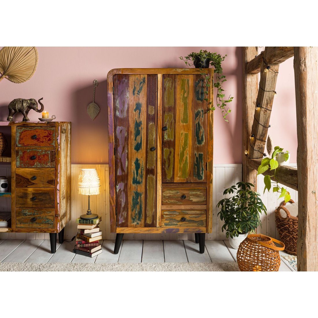 Massivmöbel24 Highboard Altholz mehrfarbig lackiert SIXTIES