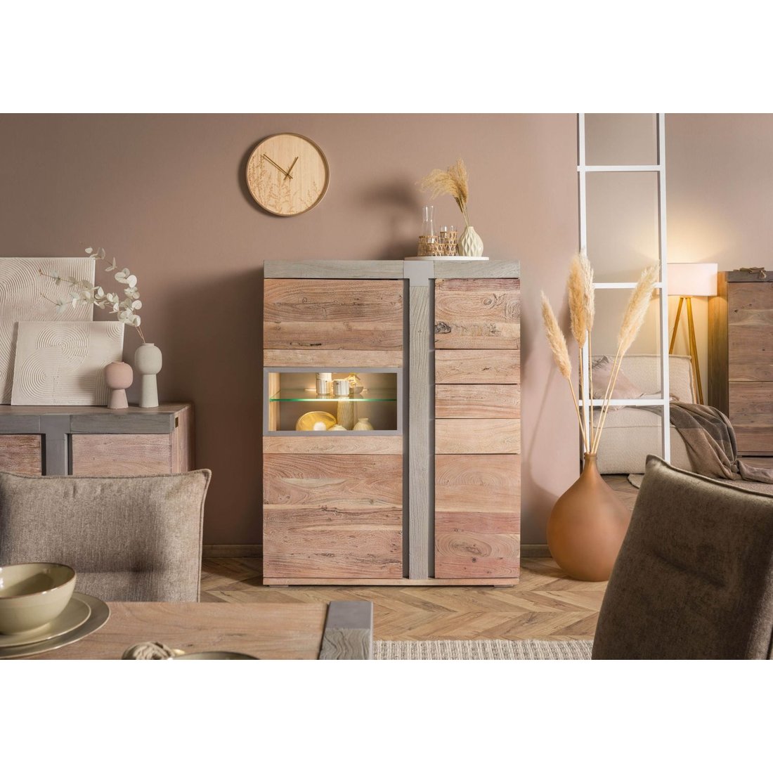 Highboard Akazie 110x45x142 beige lackiert Amsterdam #105 Massivmöbel24 Highboard Akazie beige lackiert Amsterdam
