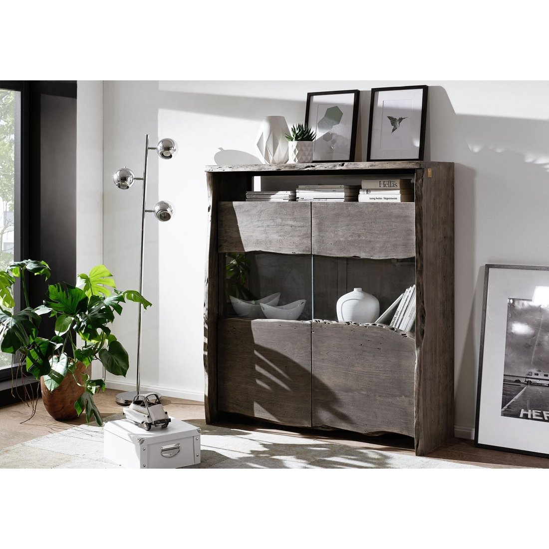 Highboard Akazie 131x45x147 grau lackiert PURE ACACIA #407 Massivmöbel24 Highboard Akazie grau lackiert PURE ACACIA
