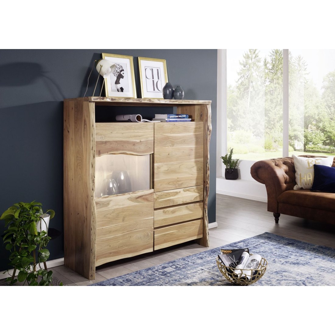 Highboard Akazie 131x45x147 natur lackiert PURE ACACIA #703 Massivmöbel24 Highboard Akazie natur lackiert PURE ACACIA