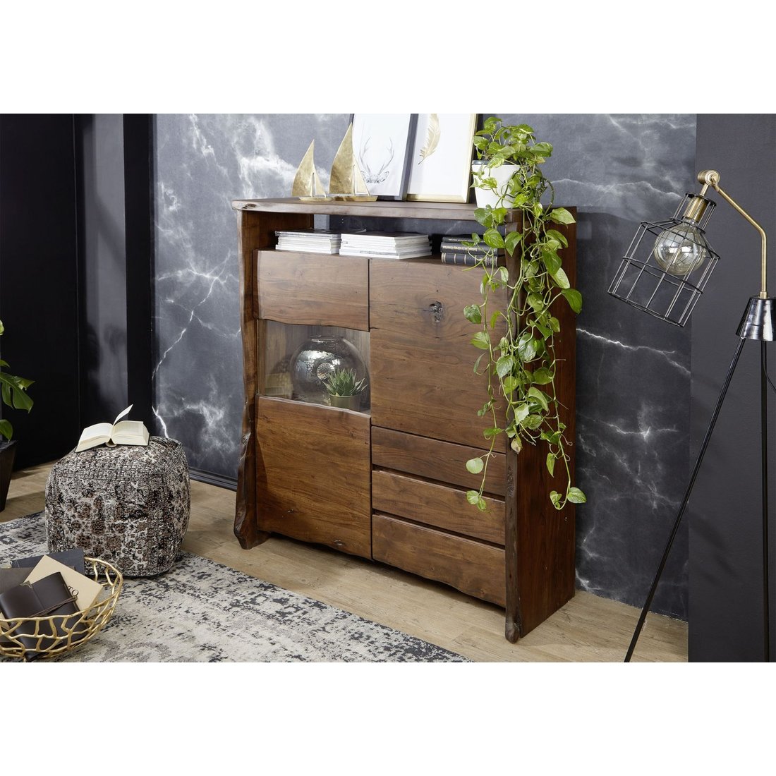 Highboard Akazie 131x45x147 braun lackiert PURE ACACIA #803 Massivmöbel24 Highboard Akazie braun lackiert PURE ACACIA