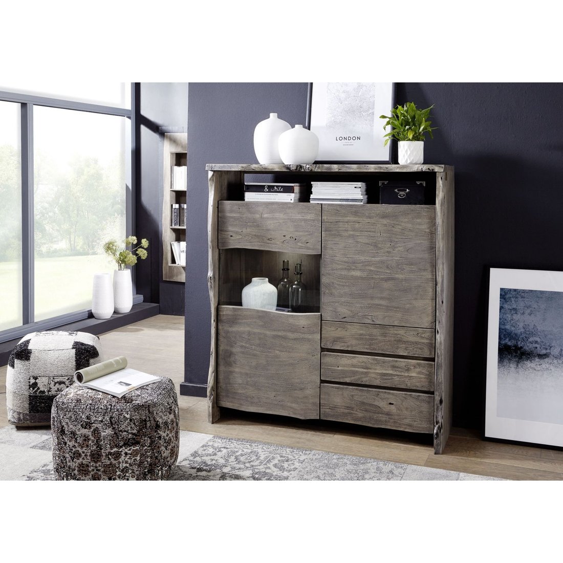 Highboard Akazie 131x45x147 grau lackiert PURE ACACIA #903 Massivmöbel24 Highboard Akazie grau lackiert PURE ACACIA