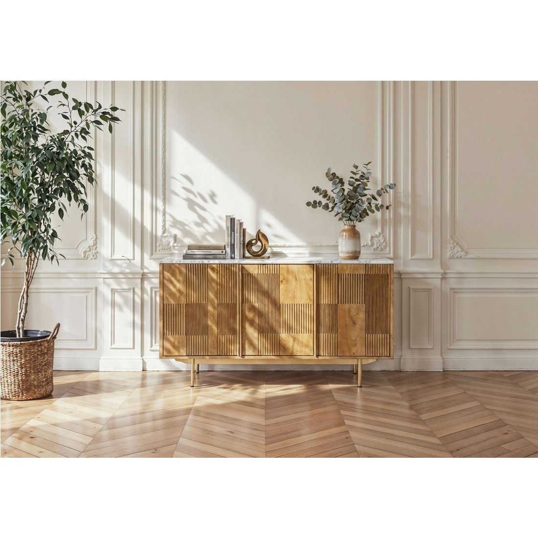 Massivmöbel24 Sideboard Mango hellbraun geölt / Marmor weiß MIAMI
