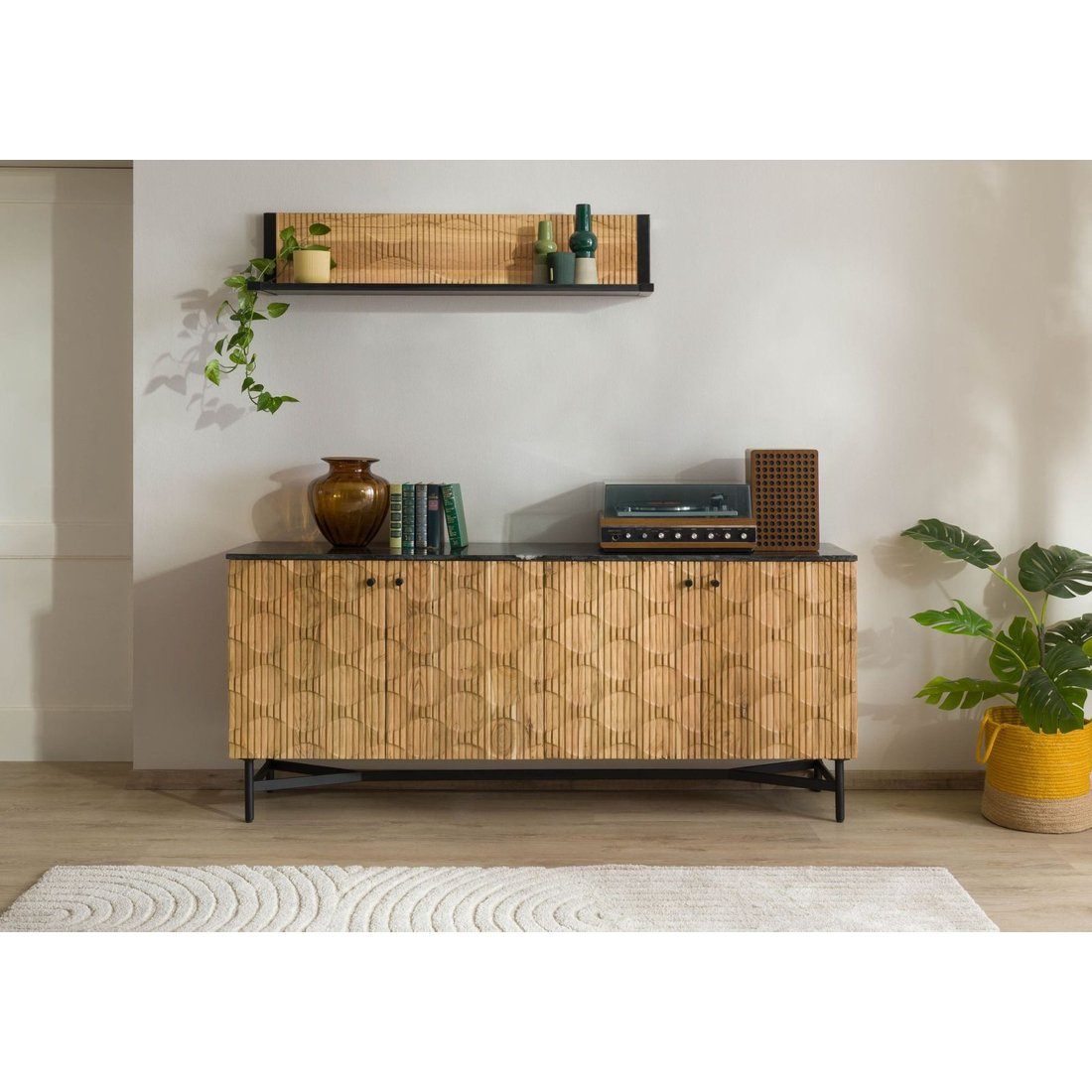 Sideboard Akazie 180x40x76 natur lackiert / Marmor schwarz LONDON #101 Massivmöbel24 Sideboard Akazie natur lackiert / Marmor schwarz LONDON