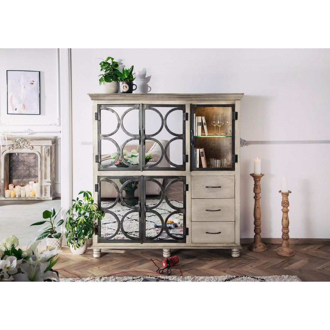 Massivmöbel24 Highboard Mango grau lackiert HERMITAGE