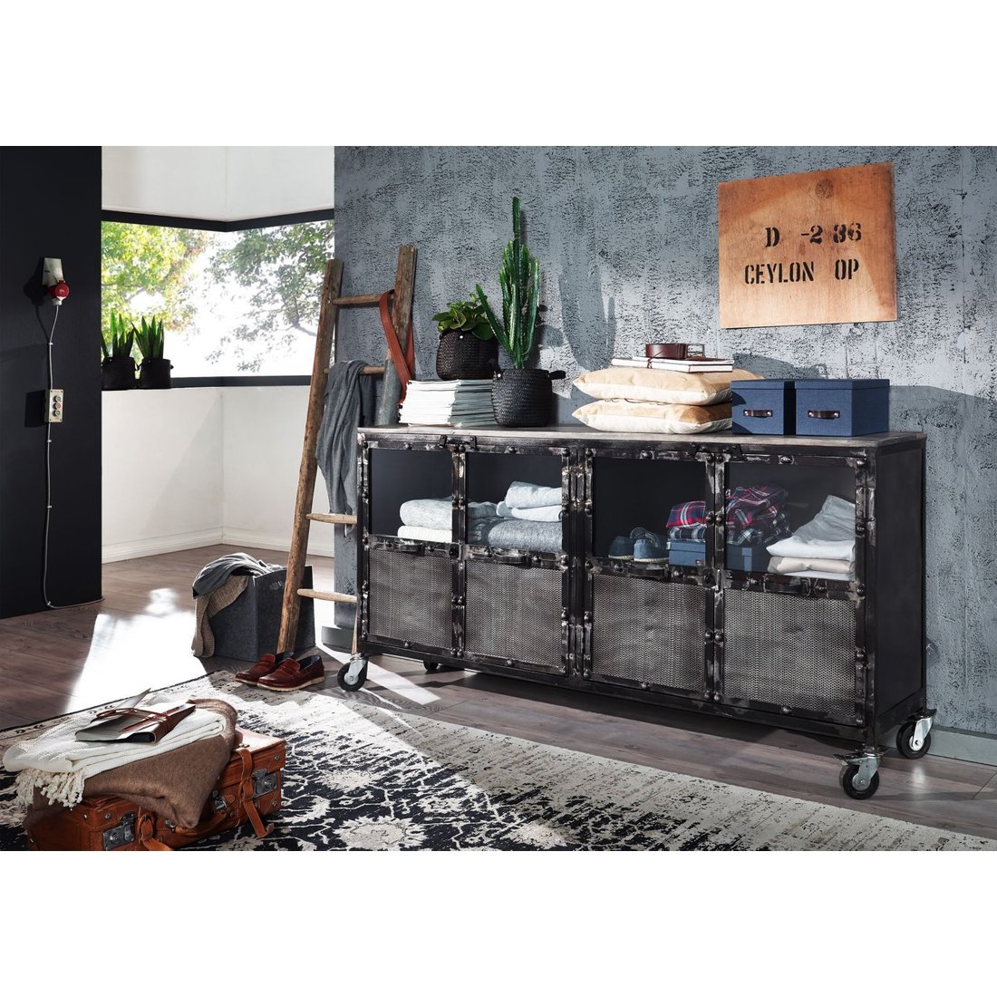 Sideboard Mango 180x40x90 grau lackiert HEAVY INDUSTRY #115 Massivmöbel24 Sideboard Mango grau lackiert HEAVY INDUSTRY