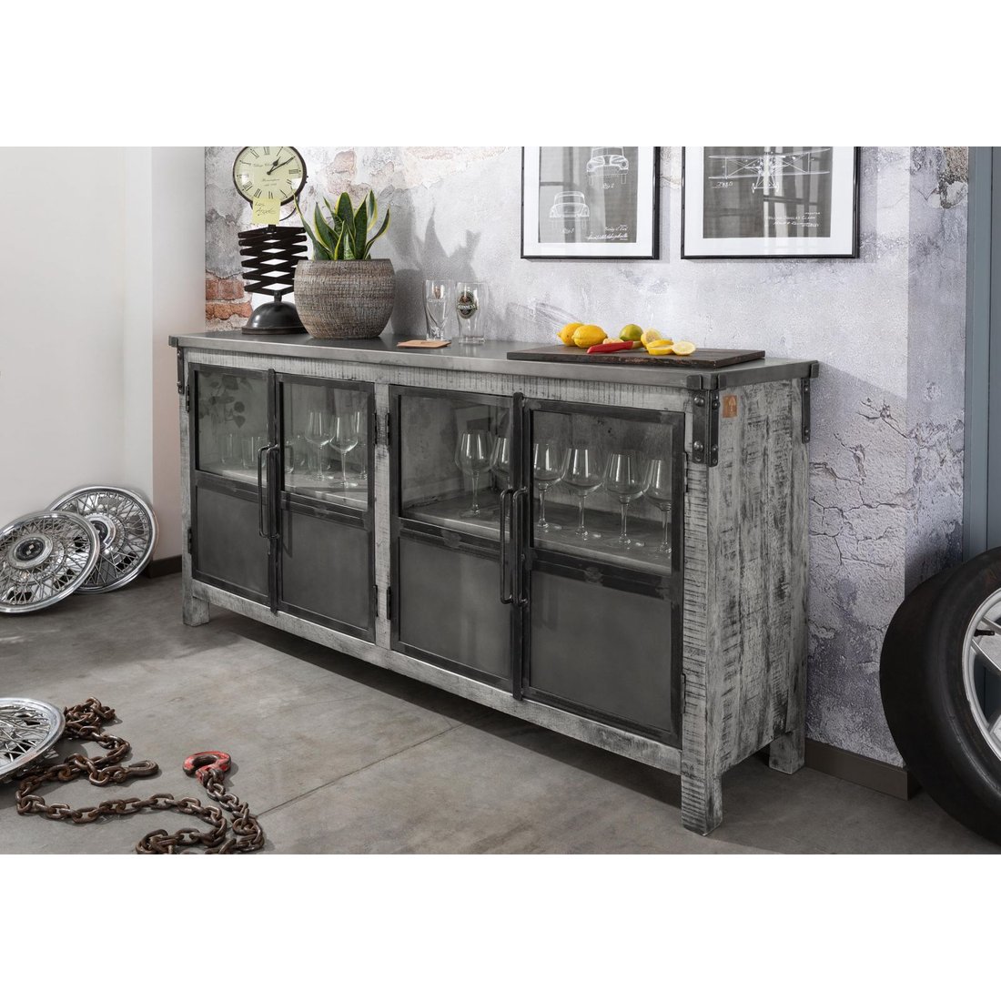 Sideboard Mango 180x40x90 grau lackiert HEAVY INDUSTRY #150 Massivmöbel24 Sideboard Mango grau lackiert HEAVY INDUSTRY