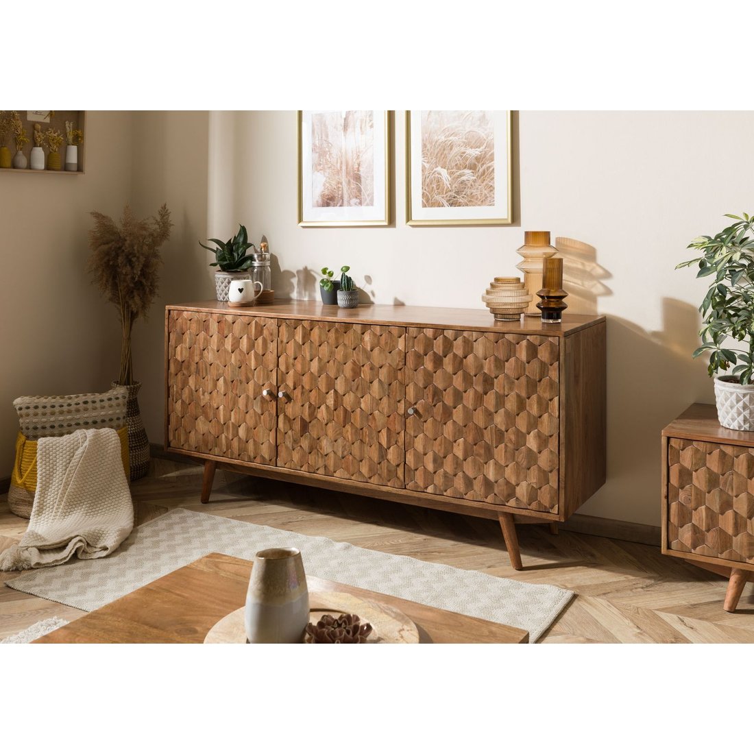 Sideboard Akazie 160x42x75 Akazie natur lackiert MOSAYK #110 Massivmöbel24 Sideboard Akazie Akazie natur lackiert MOSAYK