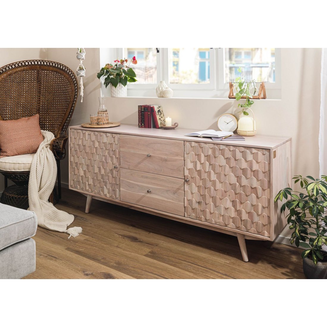 Sideboard Akazie 180x42x75 weiß lackiert MOSAYK #200 Massivmöbel24 Sideboard Akazie weiß lackiert MOSAYK